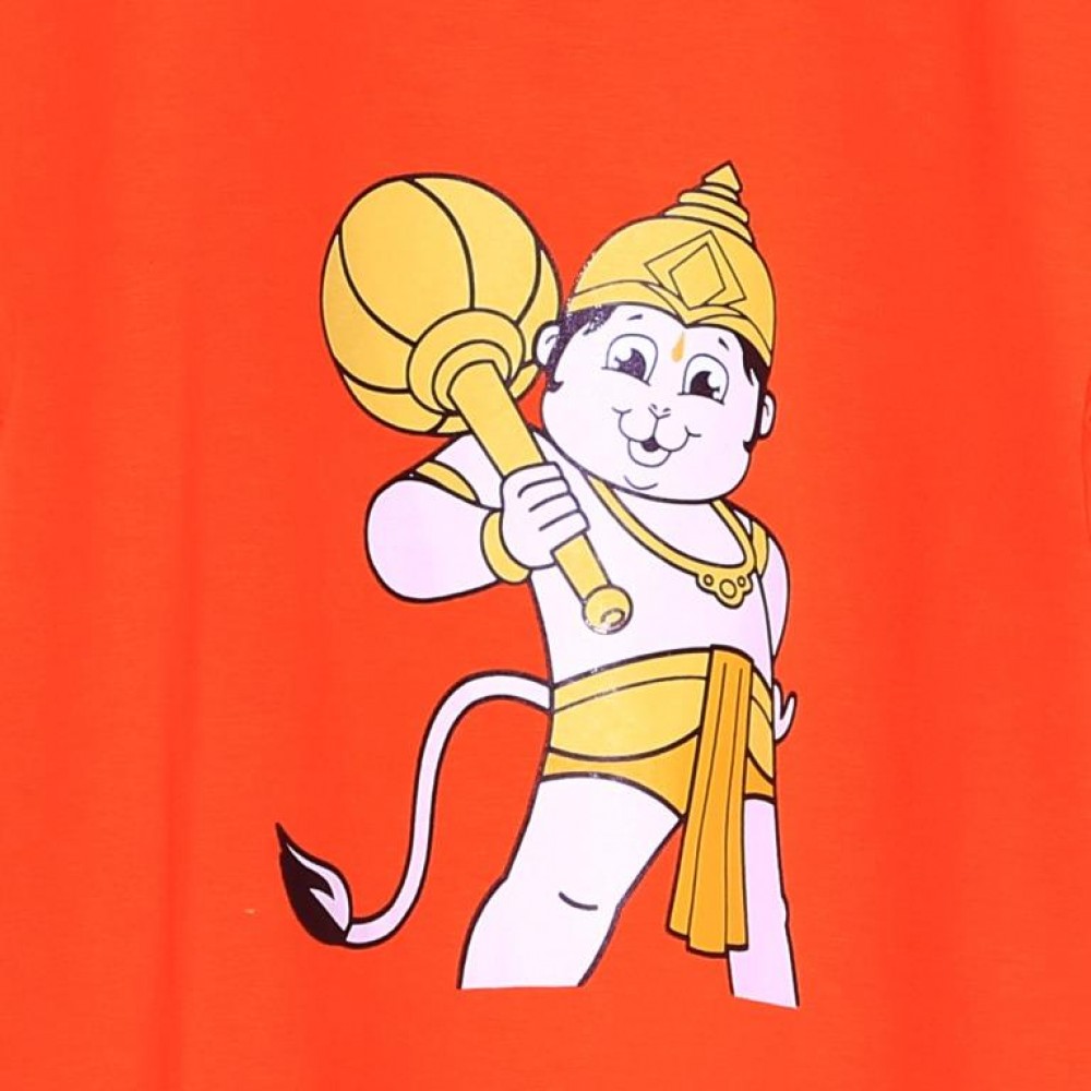 Kids T-shirt with Print of Hanuman with Gada in Orange