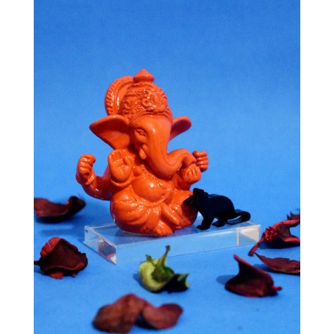 Ganesha Idol for Home and Car - Orange with Black Mushik
