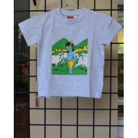 Kids T-Shirt - Krishna with Cows in White Chine