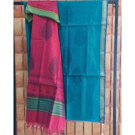 Kurta and Dupatta Set in Maheshwari Silk with Zari Border - Blue and Red