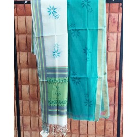 Kurta and Dupatta Set in Maheshwari Silk with Zari Border - Green Aqua