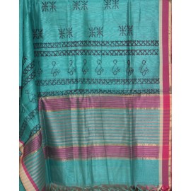 Kurta and Dupatta Set in Maheshwari Silk with Zari Border - Green and Pink