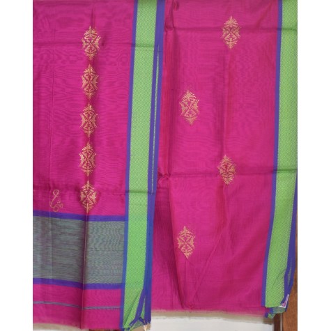 Kurta and Dupatta Set in Maheshwari Silk with Thread Border - Dark Pink