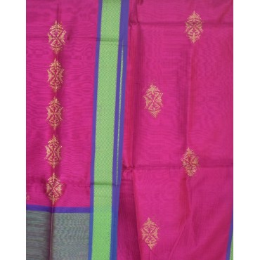 Kurta and Dupatta Set in Maheshwari Silk with Thread Border - Dark Pink