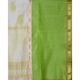 Kurta and Dupatta Set in Maheshwari Silk with Zari Border - Green and Ivory