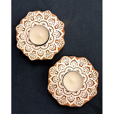 Hand-Carved Blocks Tea Light Holders - Flower