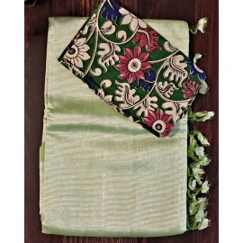 Mangalagiri Silk Cotton Saree with Kalamkari Blouse - Mint Green