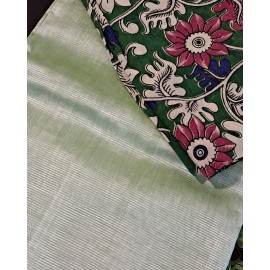 Mangalagiri Silk Cotton Saree with Kalamkari Blouse - Mint Green