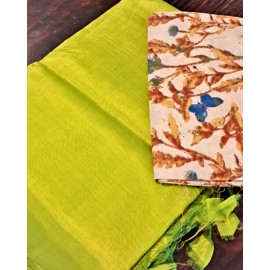 Mangalagiri Silk Cotton Saree with Kalamkari Blouse - Lime Green