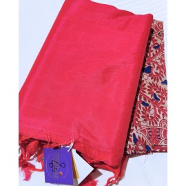 Mangalagiri Silk Cotton Saree with Kalamkari Blouse - Dark Pink